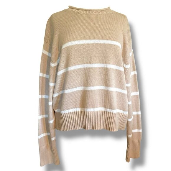 BRIT.NY Womens Sweater Sz Medium Large Tan White Stripe Cotton Roll Neck Preppy - Picture 5 of 7